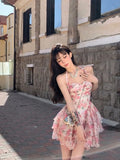 Getadme- Summer Women Sleeveless Sweet Pink Print Beach Dress Female Slim Holiday  Halter Mini Dress Tierred Birthday Party Dress