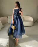 Getadme Vintage Organza One Shoulder Navy Blue Prom Dresses with Pleats A-Line Tea Length Robe De Soiree Formal Party Dresses for Women