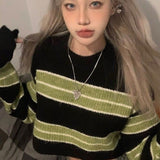 Getadme- Y2k Harajuku Green Striped Cropped Sweater Women Kpop Knitted Vintage Jumper Korean Style Autumn Streetwear Pullover