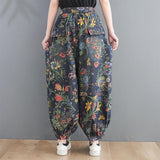 Spring New Arts Style Women Elastic Waist Ankle-length Loose Jeans Side Pocket Vintage Print Cotton Denim Harem Pants V918