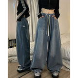 Spring Women Vintage Baggy Jeans Elastic Waist Oversized American Trouser Denim Wide Leg Streetwear Straight Basic Pants Y2k