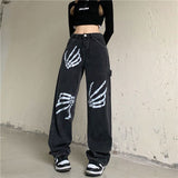 Getadme-Bone Hand Print Wide Leg Jeans Women's Design Sense  Loose Straight Leg Wide Leg Pant Men's Women's Personality Street Y2k Jeans