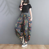 Spring New Arts Style Women Elastic Waist Ankle-length Loose Jeans Side Pocket Vintage Print Cotton Denim Harem Pants V918