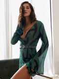 Perspective Print Flare Sleeve Split Dress For Women Fashion Sexy Wrap Hip Dresses 2023 Summer Seaside Beach Holiday Mini Robe