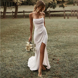 Simple White Wedding Dresses Side Slit Bride Robes Sleeveless Shoulder with Straps Bridal Gowns Open Back Affordable