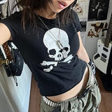 Vintage Grunge Graphic Print Short Sleeve T-Shirt Y2k Slim Crop Top Gothic Skull Punk Streetwear Women's Tee Summer Casual 90s