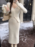 Faxu Fur Sweater Knitted Suits Women Slim Winter Elegant Vintage 2 Piece Dress Set Office Lady Y2k Clothing Korean Fashion