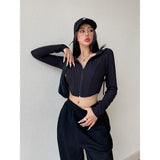 Getadme European American Sexy Hooded Women Zipper Cardigan Shirt Spring Autumn Retro Short Crop Slim Thin Sports Top