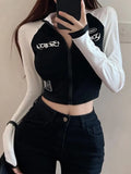 Punk Style Shirt Women Stitched Crop Top Zip Up Skinny Long Sleeve T-shirts Women Streetwear Casual Slim Fit Tee Y2k Top