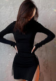 Getadme 1 Black Dress Long Sleeve Mini Dress Women Side Slit Drawstring Female Dress Autumn Winter Clothes Streetwear Bodycon Y2K Dress