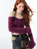 Getadme 2 Fall Woman 2000s Gyaru Coquette Halter Crop Top Pullovers Slash Neck Jumper Fluffy Sweater Design Knitwears Y2K Hot Sexy Kawaii