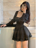 Getadme-Black Vintage 3 Piece Skirt Set Women Sexy Lolita Y2k Mini Skirt Suit Female Casual Korean Fashion Long Sleeve Retro Set