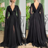 Getadme-Cathy Black Cape Floor Length Prom Dress Sexy Side Split Evening Gown Princess Tulle A-line Prom Dresses Vestidos De Fiesta