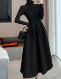 Getadme Women Winter Turtleneck Black Midi Dress Korean Elegant Long Sleeve A-line Slim Vestidos Autumn Office Lady Casual Robe Clothes