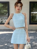 Summer High Street French Luxury Beading Two Piece Set Women Sexy Zipper Vest Crop Top + Mini Skirt 2 Piece Suits Fashion