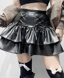 IAMSURE Gothic Bandage Pu Pleated Skirt Darl Black Leather High Waisted Mini Skirts Women Fashion Preppy Style Streetwear