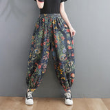 Spring New Arts Style Women Elastic Waist Ankle-length Loose Jeans Side Pocket Vintage Print Cotton Denim Harem Pants V918