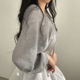 Rimocy 2023 Thin White Cardigan Women Summer Sunscreen Lace-Up Knitwear Top Female Korean Style Lantern Sleeve Short Coat Woman