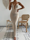 Women Sexy Halter Knitted Midi Dress Solid Color Tie-Up Backless Sleeveless Bodycon Long Knit Dress for Party Beachwear